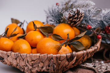 Beautiful tangerines in a basket create a New Year mood in the house