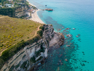 Aerial view of promontory of the Calabrian coast overlooking the sea, town of Riaci, Tropea,...