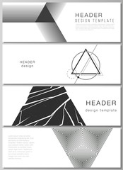 The minimalistic vector illustration of the editable layout of headers, banner design templates. Abstract geometric triangle design background using different triangular style patterns.