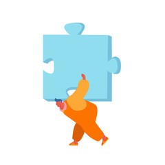 Man Carry Huge Puzzle Piece on Back Isolated on White Background. Male Character Assembling Separated Construction, Searching Idea and Creative Solution of Problem. Cartoon Flat Vector Illustration