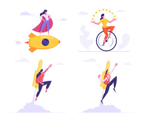 Fototapeta na wymiar Set Female Super Employee with Arms Akimbo Flying on Golden Rocket and Riding Monocycle Juggling Light Bulbs. Business Success, Leadership, Professionalism Concept Cartoon Flat Vector Illustration