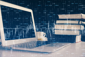 Financial chart drawing and table with computer on background. Double exposure. Concept of...