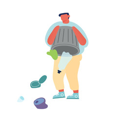 Man Dumping Garbage on Ground or in Water Trowing Trash from Litter Bin Isolated on White Background. Ocean Plastic Pollution, Ecology Environment Protection Concept Cartoon Flat Vector Illustration