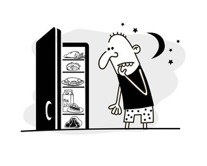 Man looking into refrigerator. Hand drawn vector illustration.