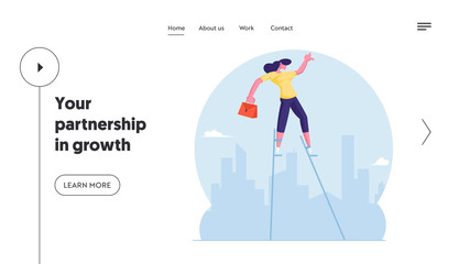 Risky Business Idea Website Landing Page. Businesswoman with Briefcase Balancing on Stilts at City Skyline Background. Creative Solution Advancement Web Page Banner. Cartoon Flat Vector Illustration