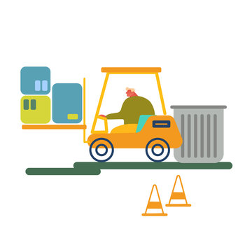 Worker Driving Forklift Truck with Garbage for Waste Processing on Plant. Technological Process. Recycling and Storage of Trash for Further Disposal. Manufacturing Cartoon Flat Vector Illustration
