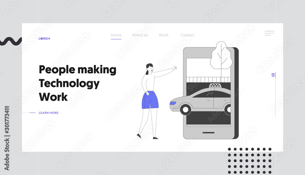 Aufkleber smart app for auto order by phone website landing page. woman ordering taxi using mobile application