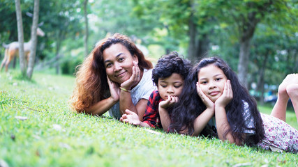 Happy family at garden on holiday.