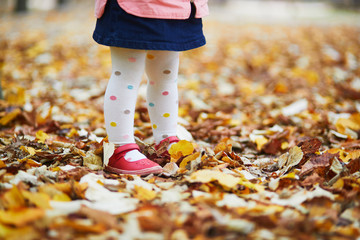 Toddler girl in red shoes and polka dot pantihose standing on fallen leaves in a fall day