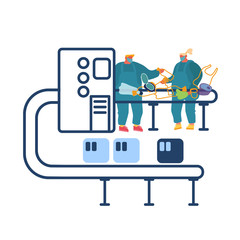 Garbage Manufacturing and Eco Protection Concept. Wastes Recycling Technological Process. Workers in Robe Select and Sort Different Litter at Factory Conveyor Belt Cartoon Flat Vector Illustration