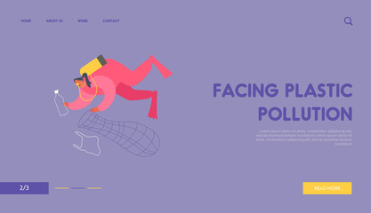 Ecology Problem Website Landing Page. Woman Diver Cleaning Ocean Bottom from Garbage Collecting Wastes into Basket. Earth Ecology Pollution, Protection Web Page Banner Cartoon Flat Vector Illustration