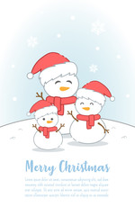 Postcard banner Cute cartoon snowman in Christmas day, Merry Christmas and Happy New Year