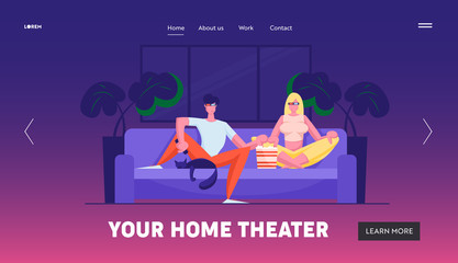 Young Couple Watch Movie at Home Website Landing Page. Man and Woman Wearing 3d Glasses Sitting on Couch on Weekend Evening. Leisure Sparetime Day Off Web Page Banner. Cartoon Flat Vector Illustration