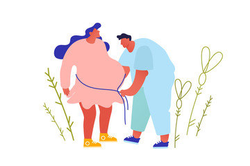 Pregnancy Medical Check Up. Pregnant Woman at Doctor Appointment in Clinic. Male Doctor Character Measuring Belly with Tape Line. Health Care, Motherhood, Child Bear. Cartoon Flat Vector Illustration