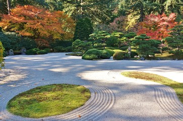 Autumn view of the landmark Portland Japanese Garden in Portland, Oregon