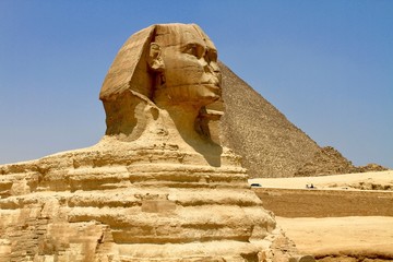Egyptian Sphinx, Cairo. Giza, Egypt. Ancient monument. The tombs of the pharaohs.