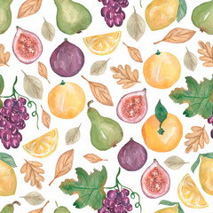 Watercolor fruits seamless pattern. Autumn harvest healthy food. diet products.Hand drawn watercolor graphic illustration.Orange, pear, lemon, flowers, leaves,figs.