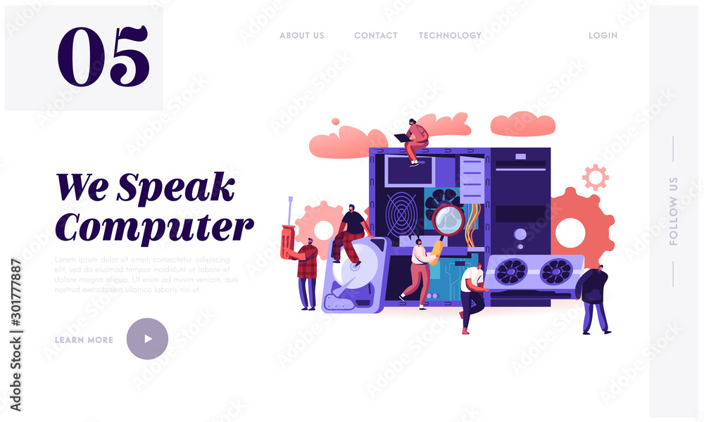 Poster pc hardware fixing service website landing page. tiny people characters information technology engin