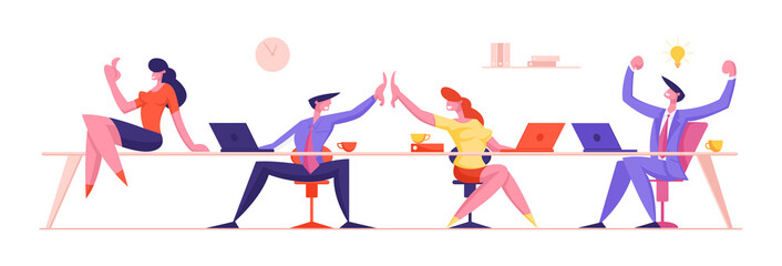 Joyful Business People Rejoice and Giving Highfive after Successful Deal or Contract Signing. Managers Team, Businessmen and Businesswomen Characters Teamwork Group. Cartoon Flat Vector Illustration