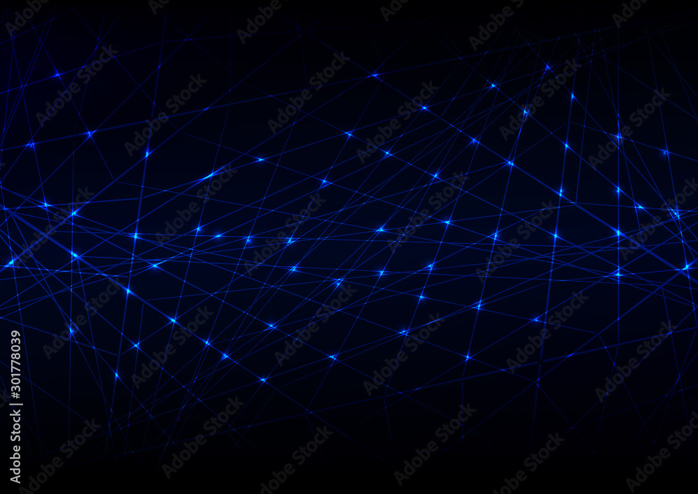 Poster abstract futuristic molecules technology with linear and polygonal pattern shapes on dark blue backg