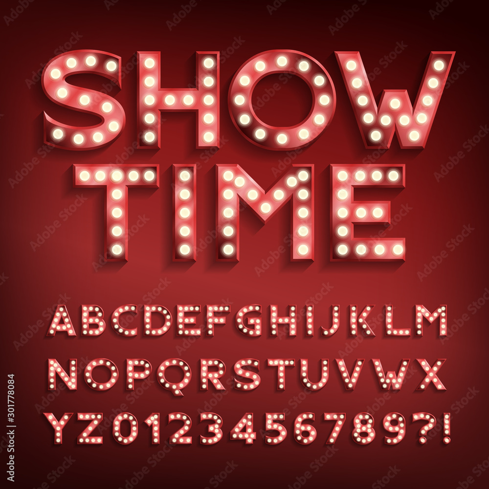 Fototapete show time alphabet font. letters and numbers with light bulbs and shadows. vector typeface for your 