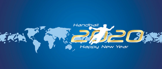 Handball 2020 Happy New Year gold white silhouette logo icon abstract world map blue background