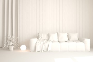 Mock up of stylish room in white color with sofa. Scandinavian interior design. 3D illustration