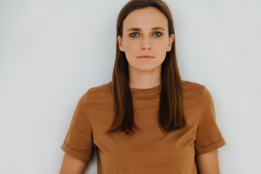 Close Up Portrait Of A Woman, No Emotion, Half Length.