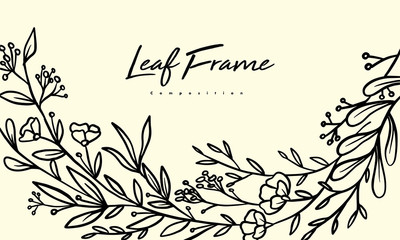 Grass plant composition for decoration frame, simple hand drawn leaves lineart illustration, floral vector elements for romantic and vintage design