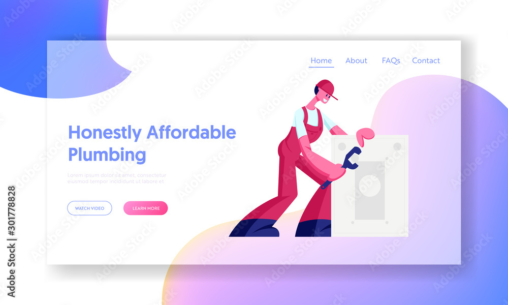 Poster husband for an hour, repair service website landing page. male character working with instruments fi