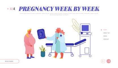 Fertility Pregnancy Childbirth Female Health Website Landing Page. Pregnant Woman in Ultrasound Cabinet, Doctor Show Fetus Image to Future Mother Web Page Banner. Cartoon Flat Vector Illustration