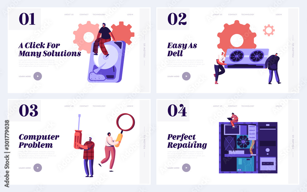 Poster pc device recovery warranty and maintenance website landing page set. computer troubleshooting and f