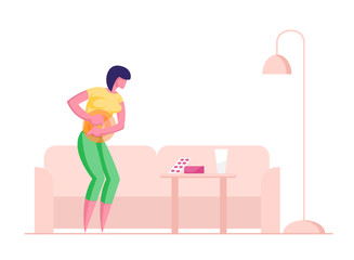Young Woman Having Abdominal Pain in Stomach and Gastrointestinal Indigestion Symptom Going to Take Medicine Pills. Diarrhea or Constipation Disease and Illness. Cartoon Flat Vector Illustration