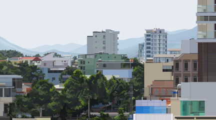 background of a summer city with different houses and trees surrounded by mountains