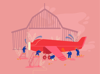 Naklejka premium Aircraft Maintenance and Repair Concept. Group of Mechanics Engineers Inspecting Private Airplane with Propeller Engine in front of Hangar Pumping Wheels and Fueling. Cartoon Flat Vector Illustration