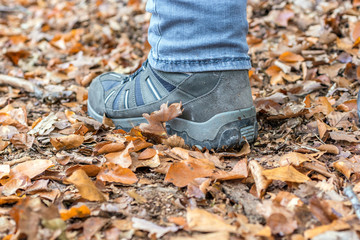 Schuh eines Mannes der über einen herbstlichen Waldboden läuft