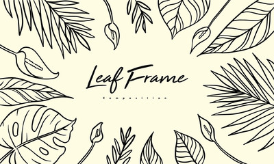 Tropical plant composition for decoration frame, hand drawn leaves Lineart vector illustration for design background