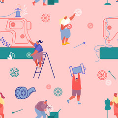 Fototapeta premium Seamless Pattern Dressmakers Create Outfit and Apparel on Sewing Machine, Tailoring Process on Pink Background Ornament for Wrapping Paper, Fabric, Clothing Print Cartoon Flat Vector Illustration