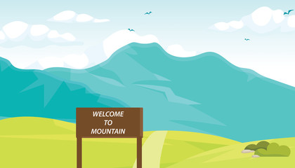 Flat vector web banners on the theme of Mountain Hill, Travel, Summer, Panorama, Spring, Countryside. Flat Vector Illustration. Flat Design Background. Web vector illustration. Vector Background.
