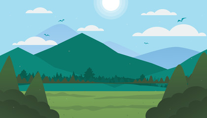 Flat vector web banners on the theme of Mountain Hill, Travel, Summer, Panorama, Spring, Countryside. Flat Vector Illustration. Flat Design Background. Web vector illustration. Vector Background.