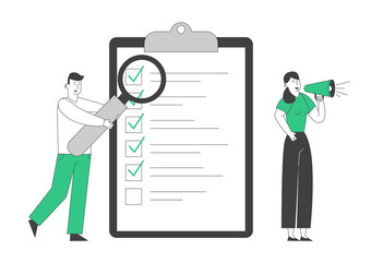 Business Man with Giant Magnifying Glass Watch on Marked Checklist on Clipboard Paper. Woman Yelling to Megaphone. Successful Completion of Business Tasks. Cartoon Flat Vector Illustration, Line Art
