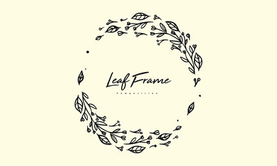 Rounded plant composition for lettering decorative frames, simple leaves hand drawn lineart illustrations, vector ornament for romantic and vintage designs - obrazy, fototapety, plakaty