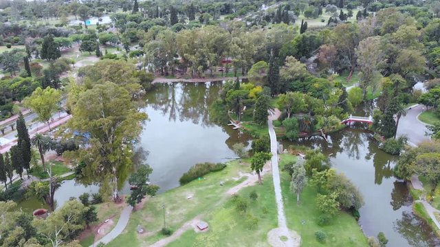 Lagoon, Sarmiento park (Cordoba, Argentina) aerial view, drone footage