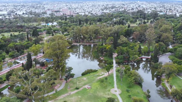 Lagoon, Sarmiento park (Cordoba, Argentina) aerial view, drone footage