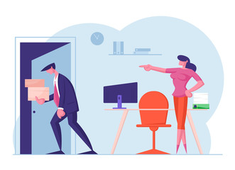 Businessman Get Fired. Upset Collar with Cardboard Boxes in Hands Leaving Office with Angry Lady Boss Pointing on Door. Man Carry Belongings Go Out of Workplace. Cartoon Flat Vector Illustration