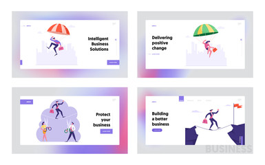 Business Risk, Danger and Safety Website Landing Page Set. Businessman and Businesswoman Skydiving, Walking by Stilts and Rope. Achievement Targeting Web Page Banner. Cartoon Flat Vector Illustration