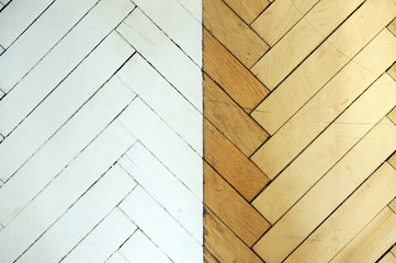 Seamless tiles Fragment of old wooden parquet floor.The old parquet is painted white in the Scandinavian style.