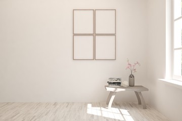 Empty room in white color. Scandinavian interior design. 3D illustration