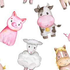 Watercolor farm seamless pattern with animals. Cute cartoon characters. Cute horse, cow, pig, sheep © aksinyalady