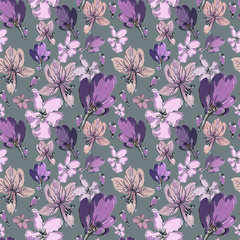 Poisonous flowers pattern. Purple flowers on a grey background. Fabric
